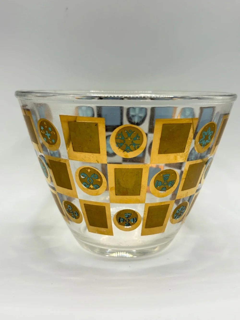 Vintage Mid Century Modern Gold Teal Checkered Glass Ice Bucket Serving Bowl